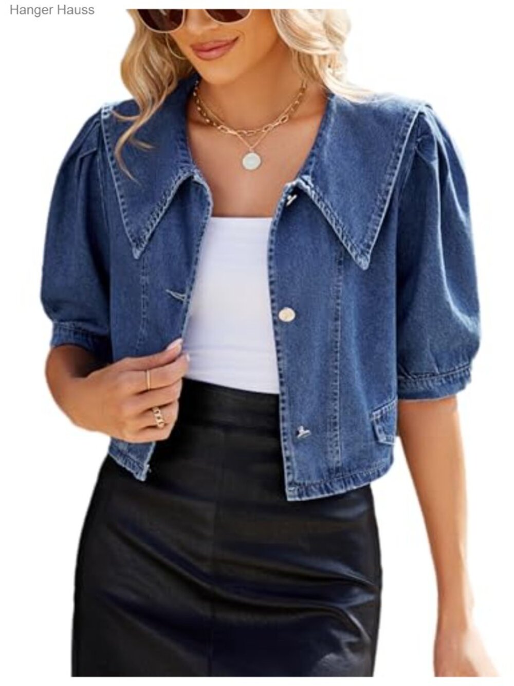 Women's Cropped Denim Jacket Short Puff Sleeves Button Down Trucker Coat